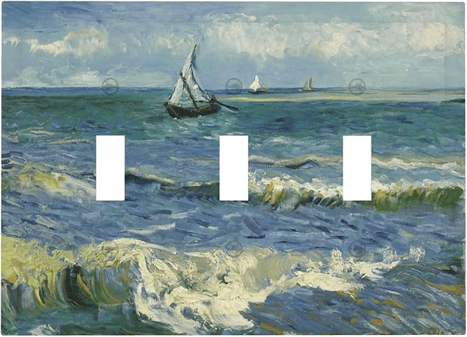 Nautical Ocean Waves Sailboat Painting Blue Sky Decorative Switch Plates 3 Gang Wall Plate Triple Toggle Light Switch Cover Faceplate Electrical Wall Panels for Bathroom Bedroom Decor