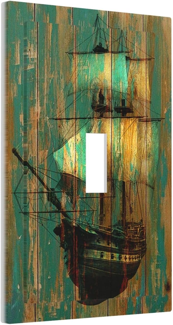 Decorative Light Switch Cover Rustic Green Wood Grain Sailboat 1 Gang Single Toggle Decorator Outlet Wall Plate Device Electrical Faceplate Switchplates for Farmhouse Bedroom Decor