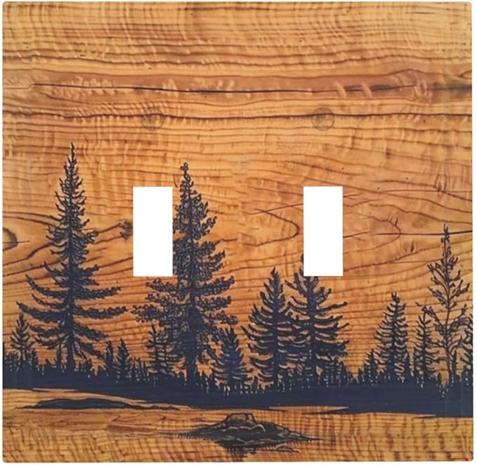 Forest Pine Tree Woodland Woods Grain Decorative 2 Gang Outlet Light Switch Cover Double Toggle Switch Wall Plate, Unbreakable Polycarbonate Thermoplastic Face Plate(Not Wood)