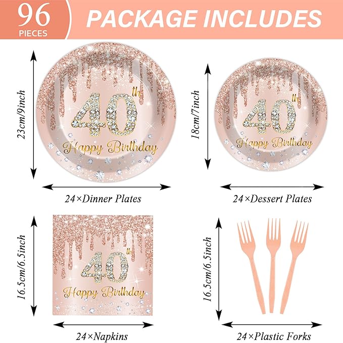 96PCS Rose Gold 40th Birthday Party Paper Plates and Napkins Forty Years Old Table Decorations 40th Birthday Disposable Dessert Tableware Set Serves 24 Guests Girl Ladies Women Party Supplies Favors