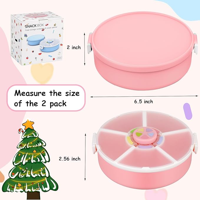 JOOPETALK Kids' Rotating Snack Container Set – 2-Pack, Includes 1 Rotating Snack Container & 1 Round Sectioned Snack Box, BPA-Free, Dishwasher Safe, Perfect for Travel-Pink