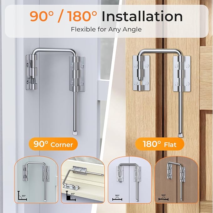 Patio Sliding Door Loop Lock, U-Shaped Rotating Latch, 90° / 180° Adjustable Door Lock for Uneven Surfaces, Child & Pet Safety Lock for Sliding Doors, Windows & Gates, (Sliver, 2 Pack)