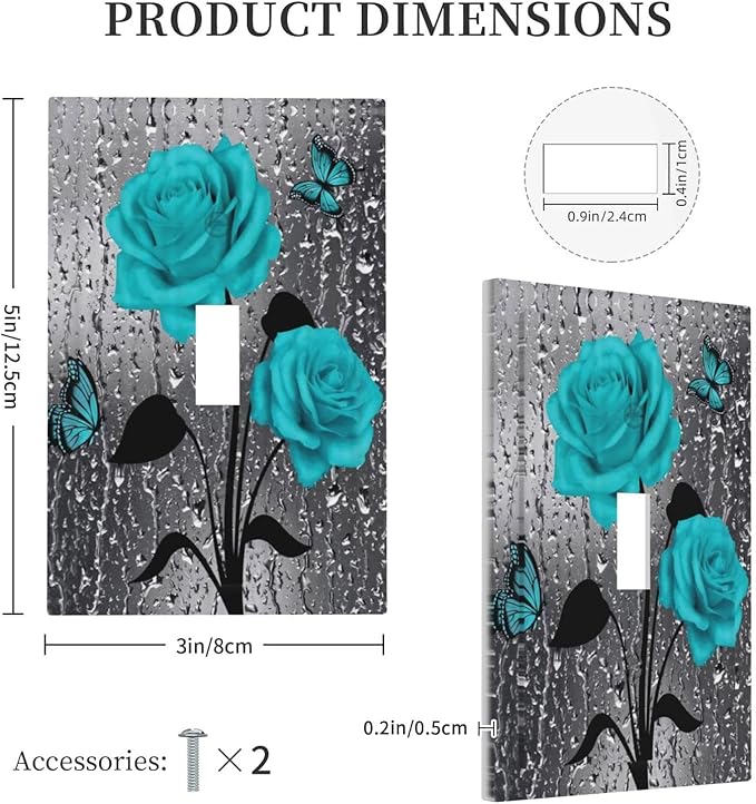 Aqua Teal Blue Floral Rose Flower Decorative 1-Gang Outlet Light Switch Cover Single Toggle Face Wall Plate Romantic Butterfly Women Girl Valentine's Day Lover Electrical Receptacle Cover Mid Size
