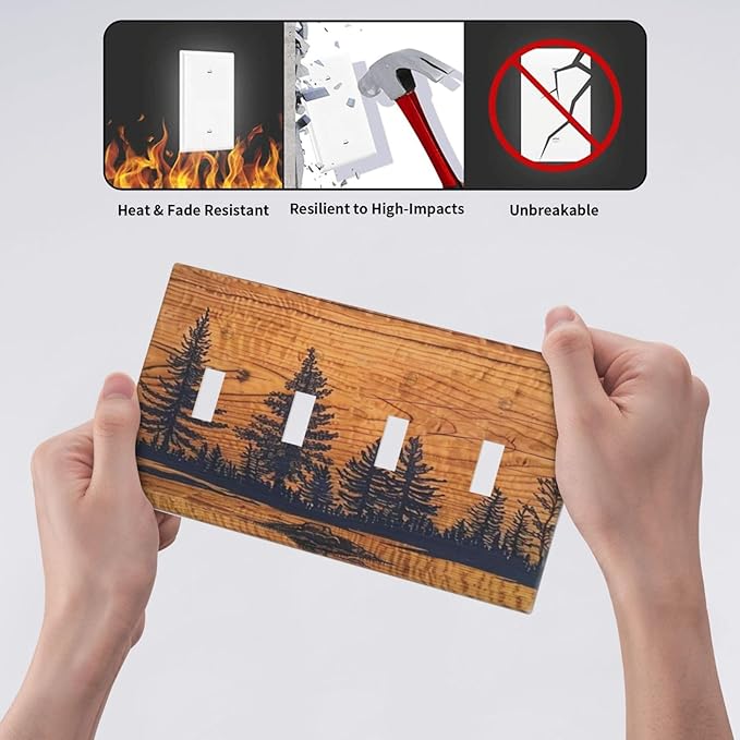 Decorative 4 Gang Quad Toggle Light Switch Cover Retro Forest Pine Tree Jungle Woodland Woods Brown Wood Lodge Wooden Style Electrical Four Device Decorator Wall Plate Standard Size Outlet Covers