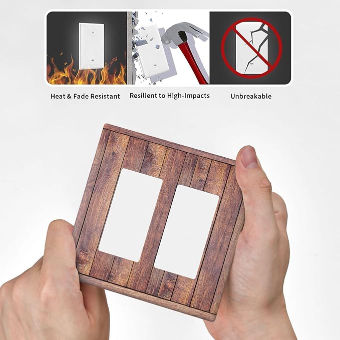 Decorative Outlet Covers with Wood Texture Rustic Vertical Planks Brown Design 2 Gang Wall Plate Double Rocker Light Switch Cover Switch Plate Cover Vintage Aesthetic Kitchen/Bedroom Decor