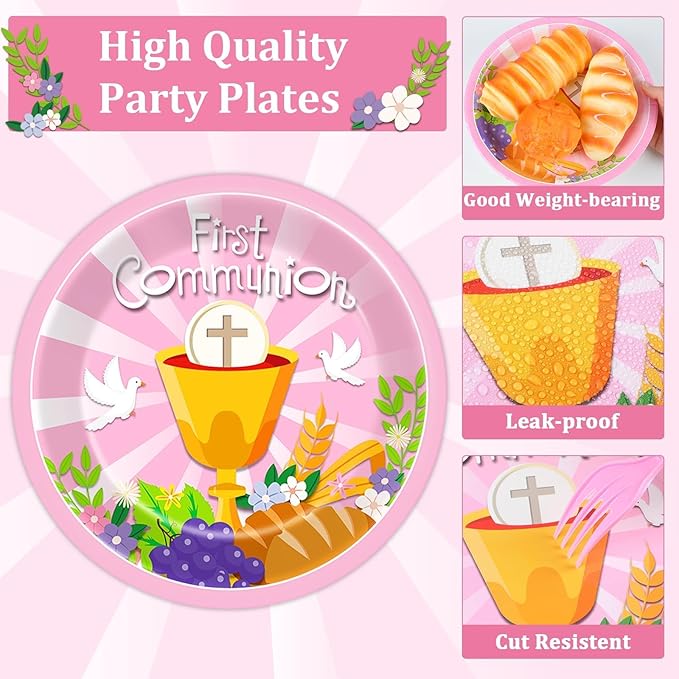 100 Pcs First Communion Plates and Napkins Baptism Decorations for Girl 1st Holy Communion Party Pink Disposable Paper Tableware for God Bless Christening Celebration Decor Baby Shower Serves 25