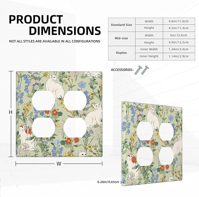 Outlet Covers Vintage Floral Cute Cat Colorful Flowers 2 Gang Double Duplex Decorative Light Switch Covers Electrical Wallplates Socket Faceplate For Bed Room Living Room Decor
