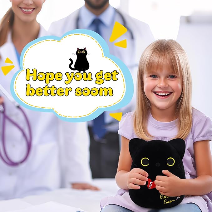 Get Well Gifts Black Cat Plush, 8 inch Black Cat Stuffed Animals Get Well Soon Gift for Kids Women, Cute Cat Plush Pillow Soft Stuffed Cat Feel Better Gifts for After Surgery