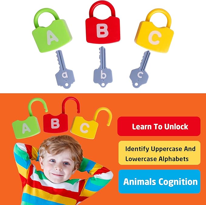 Dinhon Color Alphabet Learning Lock Toys Educational Letter Combination-with 26 Locks, 26 Keys Montessori Preschool Alphabet Learning Game for Ages 3 yrs+