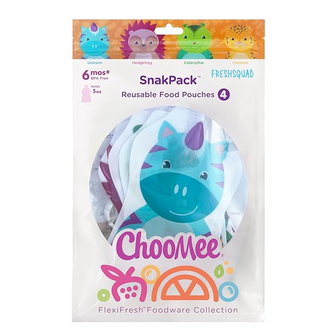 ChooMee Reusable Baby Food Pouches | BPA Free | Refillable Toddler Squeeze Pouches for Homemade Purees, Applesauce & Yogurt | Double Zipper, Easy Fill & Wide Bottom | 4CT, 5oz SnakPack FreshSquad