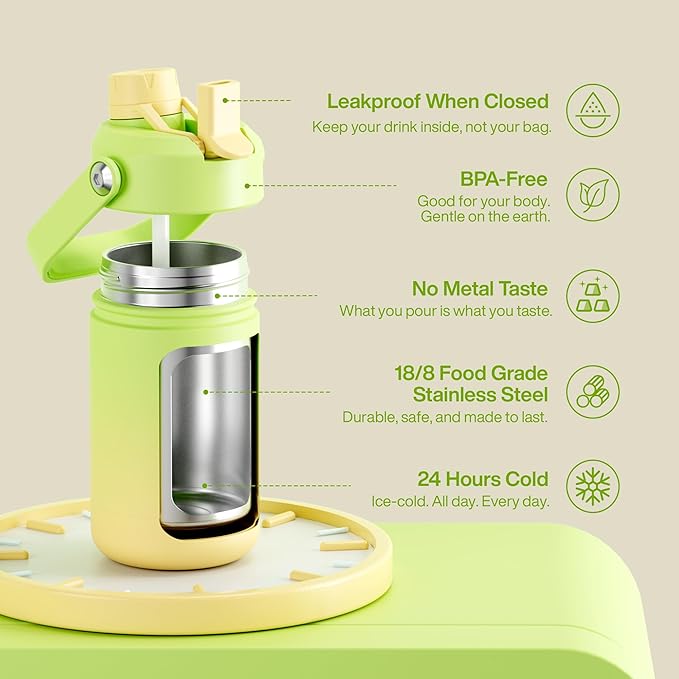 Kids Insulated Water Bottle with Straw - 12oz Stainless Steel Water Bottle with Dual Spouts, Leak-Proof, BPA-Free, Double Wall Vacuum Keeps Cold for 24 Hours for Sports, Travel, School (Morning Dew)