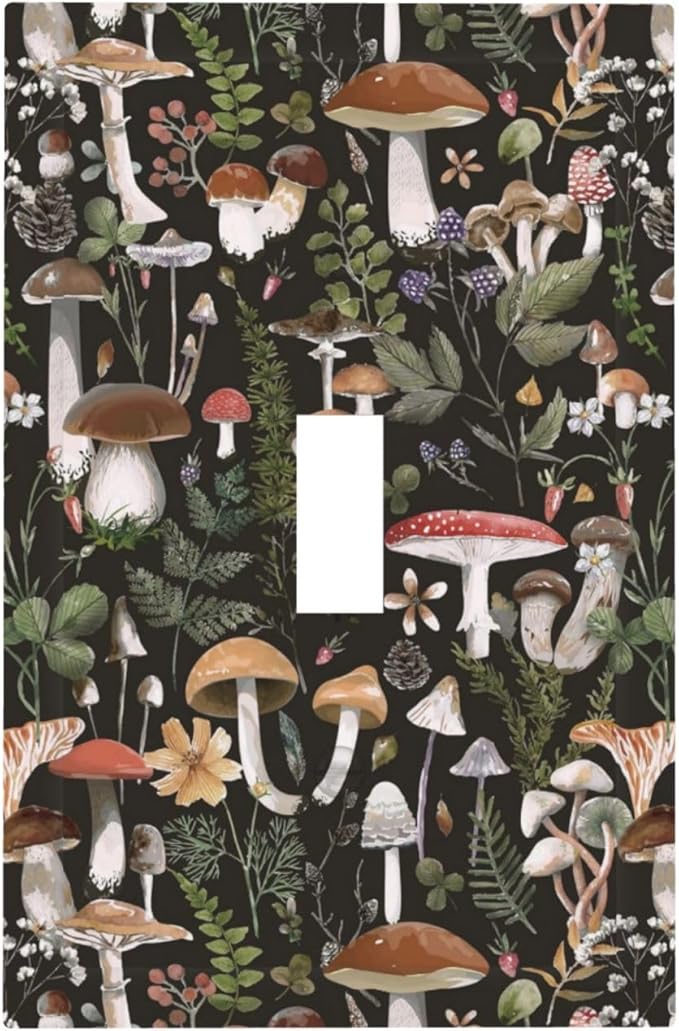 Cute Vintage Gothic Black Boho Mushroom Decorative Light Switch Cover 1-Gang Plant Fungus Forest Botanical Floral Single Toggle Wall Plate Electrical Device Outlet Switch Faceplate Cover Jumbo Size