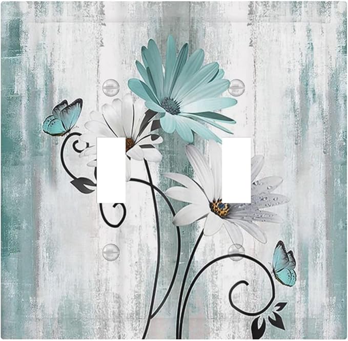 Teal Daisy Vintage Flower Butterfly Rustic Wood Print Decorative Switch Plates 2 Gang Double Toggle Outlet Light Switch Cover Wall Plate Electrical Faceplate for Farmhouse Home Decor