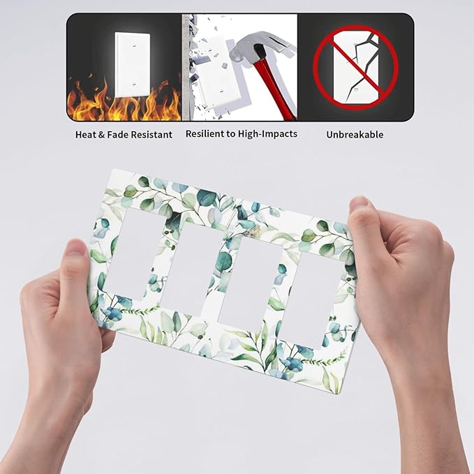 Green Olive Sage Eucalyptus Leaves 4 Gang Quad Rocker Light Switch Cover Decorative Quadruple Device GFCI/Decorator Wall Plate Electric Faceplate Screwless
