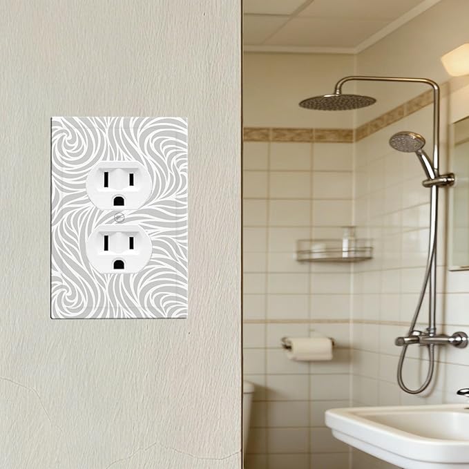 Silver Swirls Duplex Wall Plate - 1-Gang Standard US Size Modern Abstract Wave Vortex, Neutral Gray Decorative Outlet Covers for Contemporary Home Decor