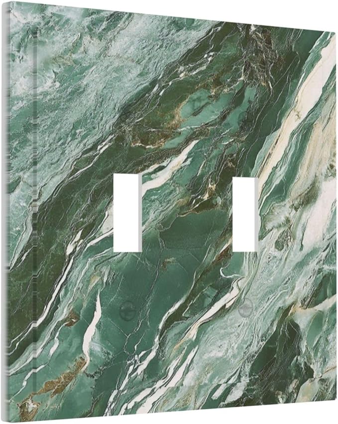 Decorative Switch Plate Cover with Modern Luxury Green Marble Texture Design 2 Gang Wall Plate Unique Double Toggle Double Light Switch Covers for Kitchen Bathroom Decor