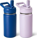 Fijinhom 12 oz Toddler Bottle, 2 Pack Kids Water Bottle for School Boys & Girls with Straws Lids, 304 Stainless Steel Vacuum Insulated Thermos, BPA-Free, Blue + Purple