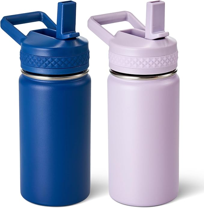 Fijinhom 12 oz Toddler Bottle, 2 Pack Kids Water Bottle for School Boys & Girls with Straws Lids, 304 Stainless Steel Vacuum Insulated Thermos, BPA-Free, Blue + Purple