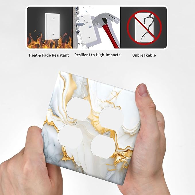 Exquisite White Gold Marble Abstract Luxurious Print Outlet Covers 2 Gang Double Duplex Decorative Light Switch Covers Electrical Wallplates Socket Faceplate for Bathroom Kitchen Decor
