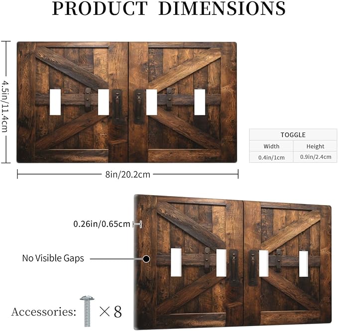 Decorative Light Switch Cover Plate Retro Brown Wood Barndoor 4 Gang Wall Plates for Electrical Quad Toggle Switch Plate Covers Outlet Covers Faceplate for Farmhouse Home Decor