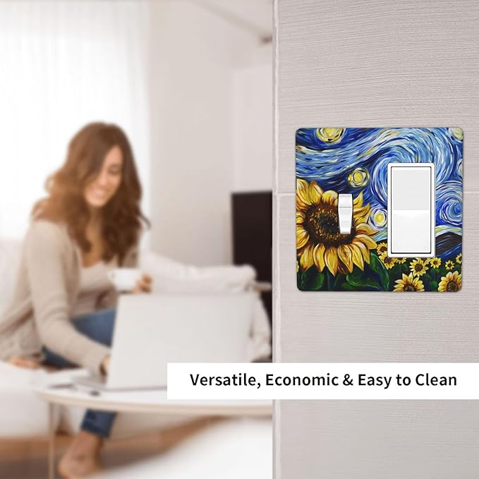 Vintage Abstract Blue Starry Sunflower 2 Gang Single Toggle Rocker Combination Light Switch Covers Wall Plate Cover Electrical Faceplate Decorative Switchplate for Farmhouse Country Bedroom Decor