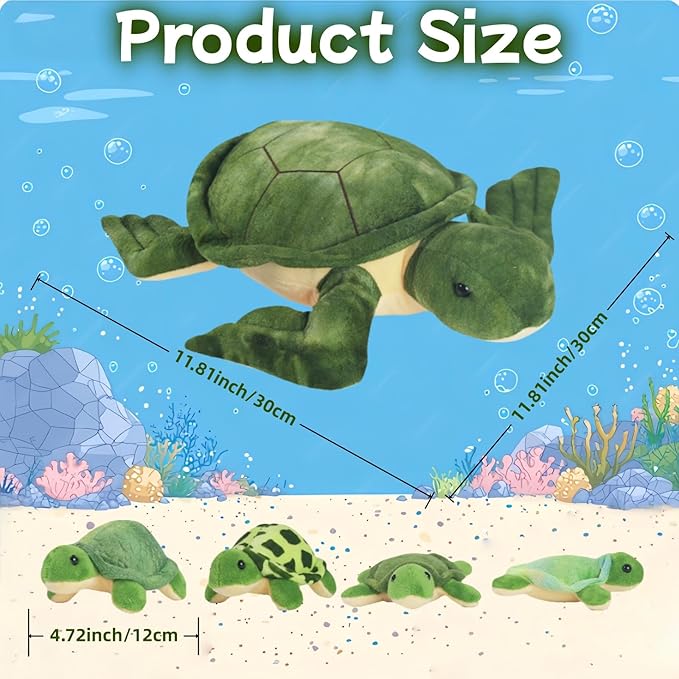 5 Piece Sea Turtle Stuffed Animal with Babies, 12'' Mommy Stuffed Turtle Plush Pillow Toy with 3 Baby Turtles Surprise Tortoise Plushies Toys for Kids Toddler Birthday Party Favors
