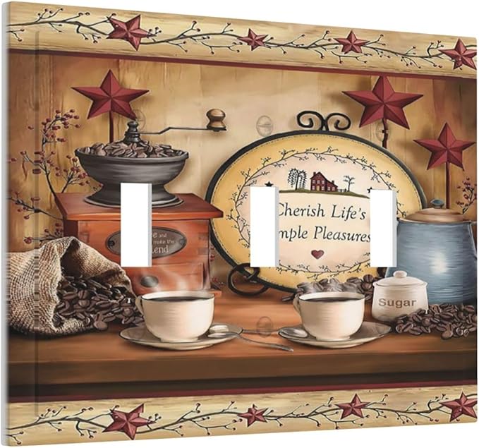 Simple Home Country Life Triple Toggle Decorator Outlet Light Switch Wall Plate Cover Kitchen Western Cabin Coffee Beans Cup Bar Clock Jumbo Decorative 3 Gang Three Device Receptacle Faceplate Cover