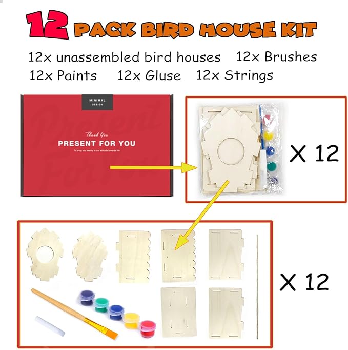 hapray 12 Pack Bird House Kit, DIY Birdhouse Kits, Wooden Crafts Arts for Children to Build and Paint (Includes Paints & Brushes) for Kids Girls Boys Toddlers Halloween Christmas Gift