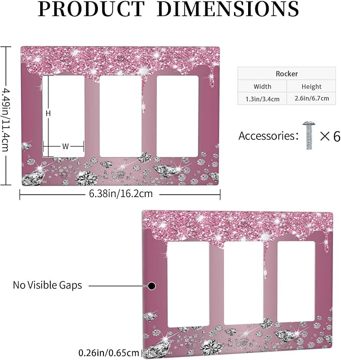 Sparkling Diamonds Pink Silver Glitter Drops Print 3 Gang Rocker Light Switch Covers Decorative Unique Triple Outlet Wall Plate Cover Faceplate Decorative Switchplate GFCI for Bathroom Decor