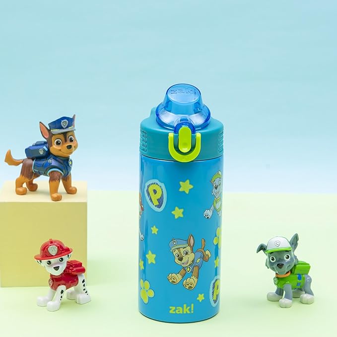Zak Designs PAW Patrol Sage Kids Water Bottle For School or Travel, 14oz Stainless Steel Water Bottle With Straw, Handle, and Leak-Proof Spout Cover (Chase, Marshall, Skye, Rubble, Rocky, Zuma) | Sage, Kids, For School or Travel, Handle