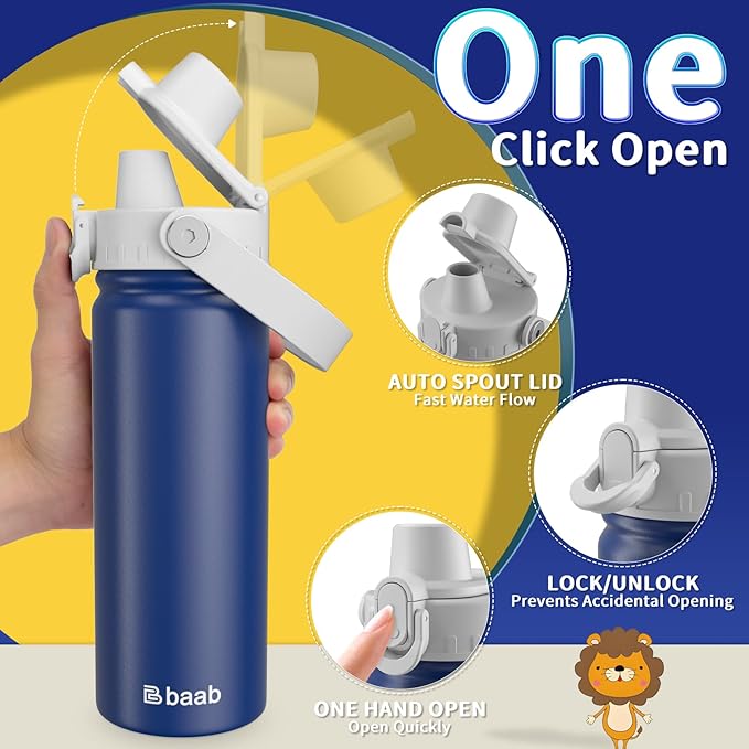 baab 18oz Kids Water Bottle, Insulated Kids Water Bottle with Lockable Spout Lid & Stickers, 18/8 Stainless Steel Vacuum Leakproof Kid Water Cup with Handle for Boy Girl & School (Grey+Navy Blue)