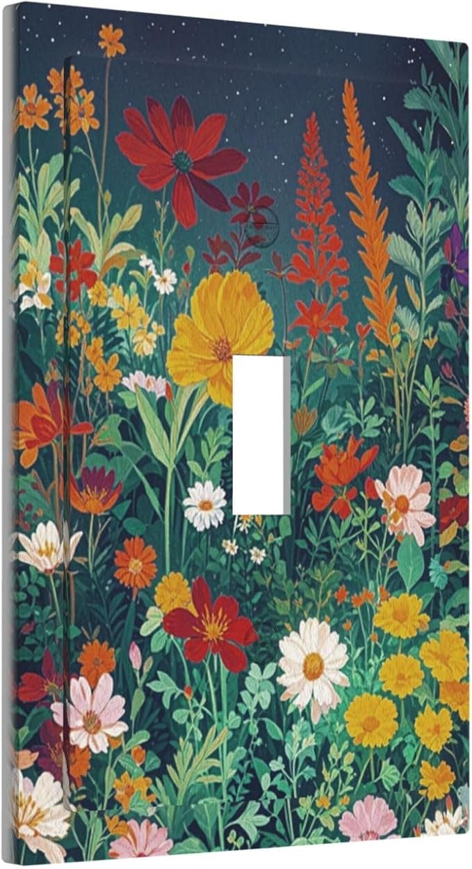 Decorative Switch Cover Plate with Wildflowers & Stars Botanical Floral Art Design Single Gang Toggle Switch Plate Light Switch Covers Artistic Faceplate for Garden Theme Wall Decor