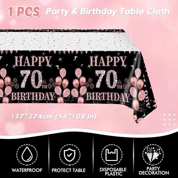 41Pcs Rose Gold 70th Birthday Decorations for Women,Vintage 1956 Aged 70th Birthday Tableware Decorations Includes Happy 70th Birthday Plates,Napkins and Tablecloth for 70 Years Old Birthday Supplies