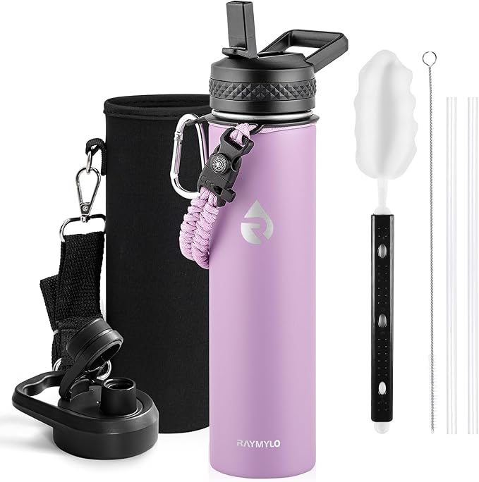 RAYMYLO Insulated Water Bottle 24oz, Triple Wall Vacuum Stainless Steel (Cold for 24Hrs, Hot for 12Hrs), Leak Proof & Non-BPA, 24oz Hydro Water Flask with Paracord Handle & Straw Spout Lids