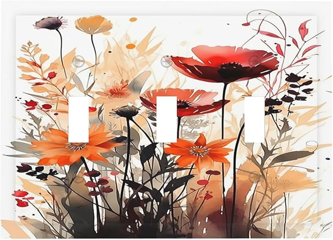 Decorative Switch Plates Country Watercolor Flowers Art Wildflower 3 Gang Wall Plate Faceplate Triple Toggle Light Switch Cover Electrical Wall Panels for Bedroom Cabin Decor