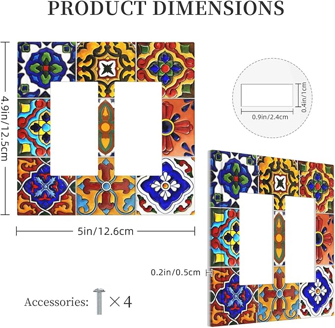 Vintage Colorful Boho Mexican Moroccan Tile Decorative Outlet Covers 2 Gang Double GFCI Rocker Electrical Wall Panels Light Switch Cover Plate for Farmhouse Home Decor