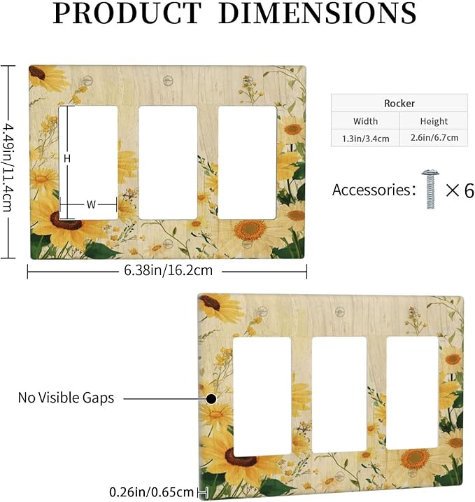 Decorative Light Switch Plate with Vintage Botanical Sunflower Field Design 3 Gang Outlet Covers Triple Rocker Wall Plate Switch Plate Cover for Nature Yellow Blooms Wall Decor