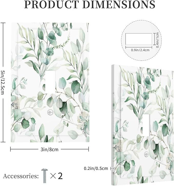 Boho Green Eucalyptus Leaf Floral Plants Flowers Decorative Light Switch Cover 1 Gang Single Toggle Device Electrical Faceplate Switchplates Decorator Outlet Wall Plate for Bed Room Living Room Decor