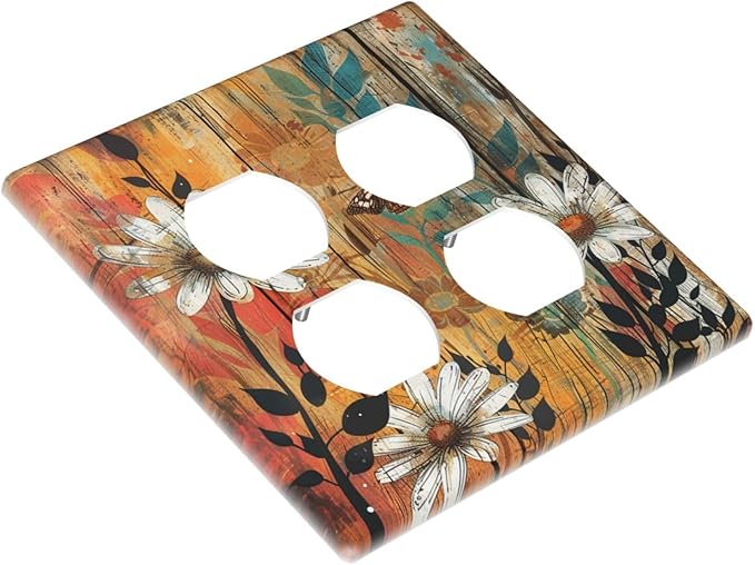 Decorative Outlet Covers Vintage Wooden Daisies Butterflies Floral 2 Gang Decorative Switch Plate Double Duplex Wall Plates Switch Plates and Outlet Covers for Bathroom Farmhouse Decor