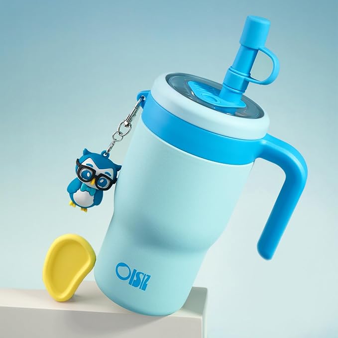 OISIZ 14oz Kids Tumbler with Straw Lid & Handle,Kids Cup with Animal Accessory for School,Kids Water Bottles with Dust-proof Cover,Leakproof Bottles,316 Stainless Steel,Keep Cold 24 Hours-sky blue
