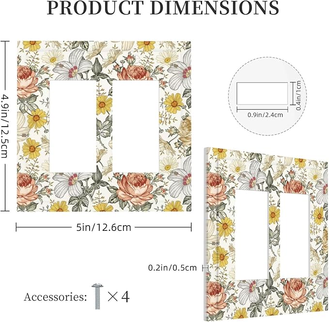 Multicolor Peony Daisy Vintage Floral Flower Decorative Outlet Covers 2 Gang Double GFCI Rocker Electrical Wall Panels Light Switch Cover Plate for Bedroom Living Room Decor