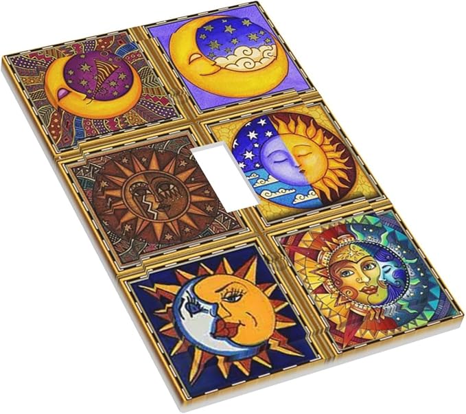 Mexican Talavera Tiles Star Pattern Celestials Theme Print Decorative Light Switch Cover 1 Gang Single Toggle Device Electrical Faceplate Switchplates Decorator Outlet Wall Plate for Kitchen Home