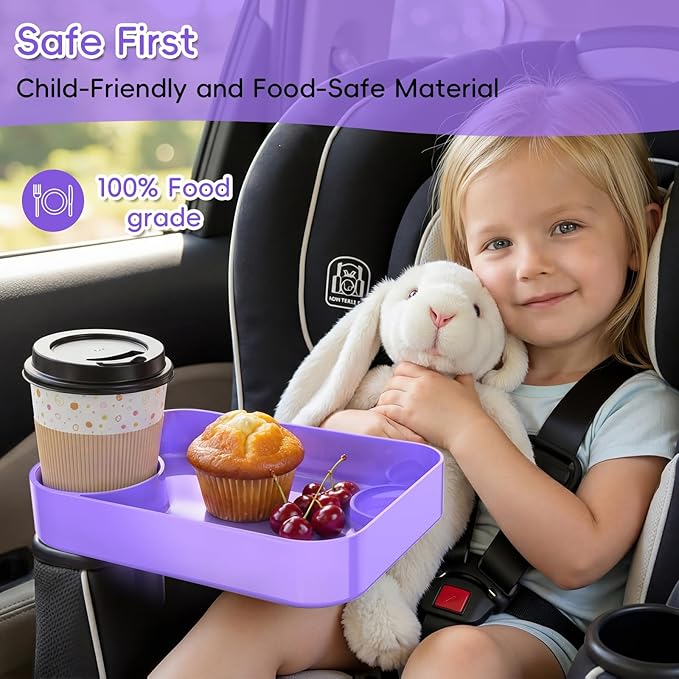 Kids Car Seat Tray, Travel Tray with Cup Holder for Toddler Baby, Kids Car Seat Food Snack Organizer for Road Trip, Stroller Snack Organizer Travel Must Haves Toddler Must Haves (Purple, 1 Pack)