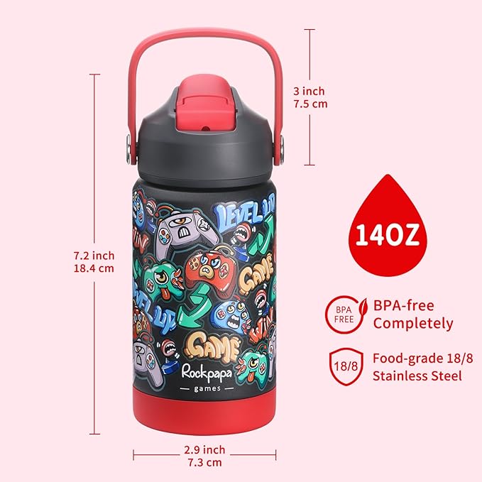 rockpapa 14 oz Kids Insulated Water Bottle，Stainless Steel Toddler Cups with Straws, BPA Free, Leak-Proof, Kids Water Bottle for School Boys&Girls (Black Games)
