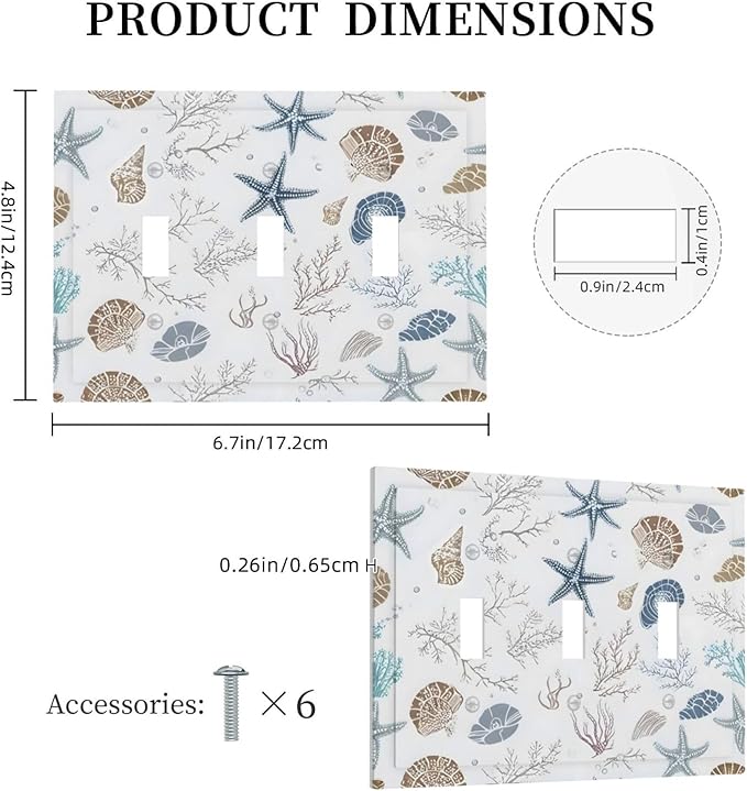 Ocean Starfish Seashells Nautical Coastal Sea Coral Decorative Switch Plates 3 Gang Wall Plate Triple Toggle Light Switch Cover Faceplate Electrical Wall Panels for Kids Room Nursery Decor