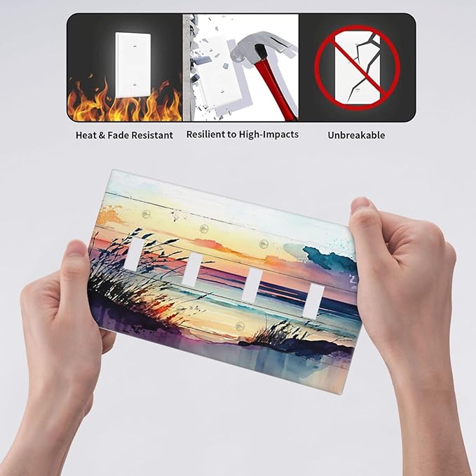 Light Switch Cover Sunset Beach Abstract Watercolor 4 Gang Switch Plate Quad Toggle Wall Plates Nature Coastal Decorative Switchplate Electrical Outlet Cover Plates for Bathroom Home Decor