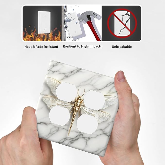 White Gold Marble Dragonfly Abstract Modern Outlet Covers 2 Gang Double Duplex Decorative Light Switch Covers Electrical Wallplates Socket Faceplate for Bathroom Home Decor