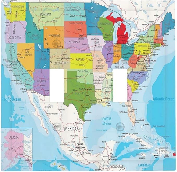 USA Map 2 Gang Double Toggle Light Switch Cover Decorative Wall Plate Faceplate for Kids Boys Girls Bathroom Office and School Home Living Room Decor 5" x 4.9