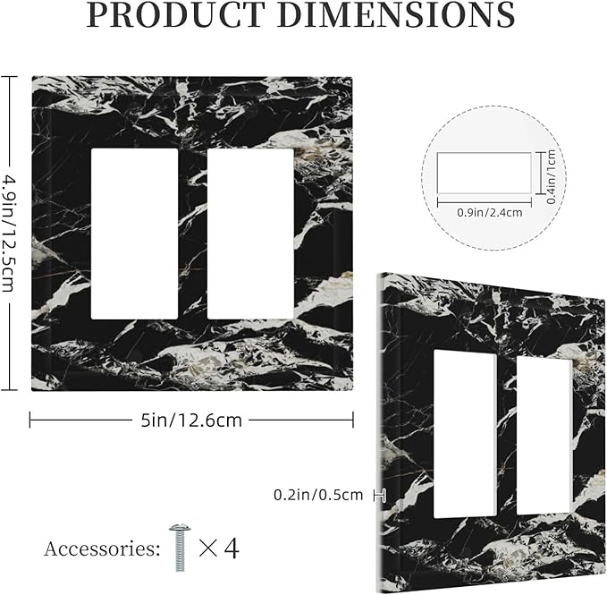 Black Marble Patterns Low Key Luxurious Decorative Outlet Covers 2 Gang Double GFCI Rocker Electrical Wall Panels Light Switch Cover Plate for Bathroom Kitchen Decor