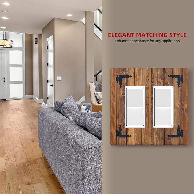 Faux Wood Decorative Printed Double Gang Rocker Decorative Light Switch Cover, 2-Gang Wall Plate Outlet Cover
